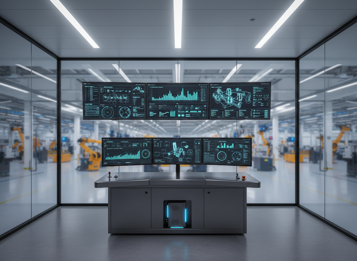 A sleek, modern manufacturing control room without any people, filled with large wall-mounted dashboards displaying real-time production data, OEE charts, and digital twin visualizations in cool blues and greens. In the center, a polished dark-metal console holds multiple ultra-wide monitors and a compact industrial PC with subtle LED accents. The room is framed by glass walls revealing a blurred, high-tech factory floor beyond. Soft, even overhead LED lighting creates gentle reflections on the glass surfaces and brushed metal, emphasizing clarity and precision. Photographic realism, eye-level composition with a slight wide-angle lens, sharp focus throughout, conveying a professional, trustworthy atmosphere aligned with advanced manufacturing DX and AX consulting.