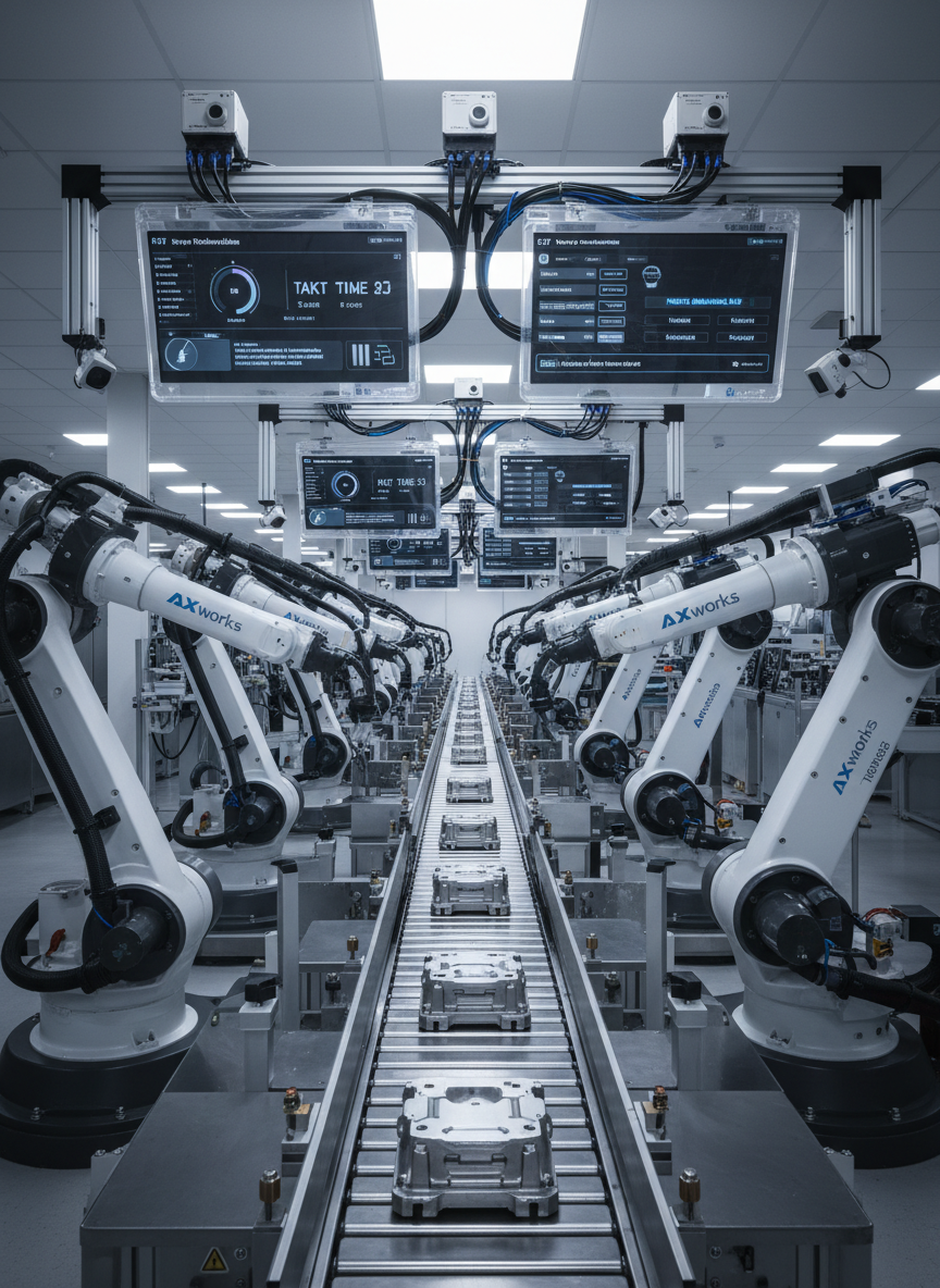An automated smart factory production line, devoid of people, featuring robotic arms in matte white and graphite finishes working around a conveyor transporting metallic components. Overhead, sensor arrays and compact industrial cameras monitor every station, while digital displays show KPIs, takt time, and predictive maintenance alerts in an organized interface style. Cool, neutral tones dominate with accents of AXworks brand-like blue on indicator lights and UI elements. Diffused, bright industrial LED lighting eliminates harsh shadows, giving a clean, efficient feeling. Captured from a slightly elevated angle with deep depth of field so every station is clearly visible. Photographic realism with a crisp, professional mood that communicates the essence of manufacturing DX implementation and optimization.